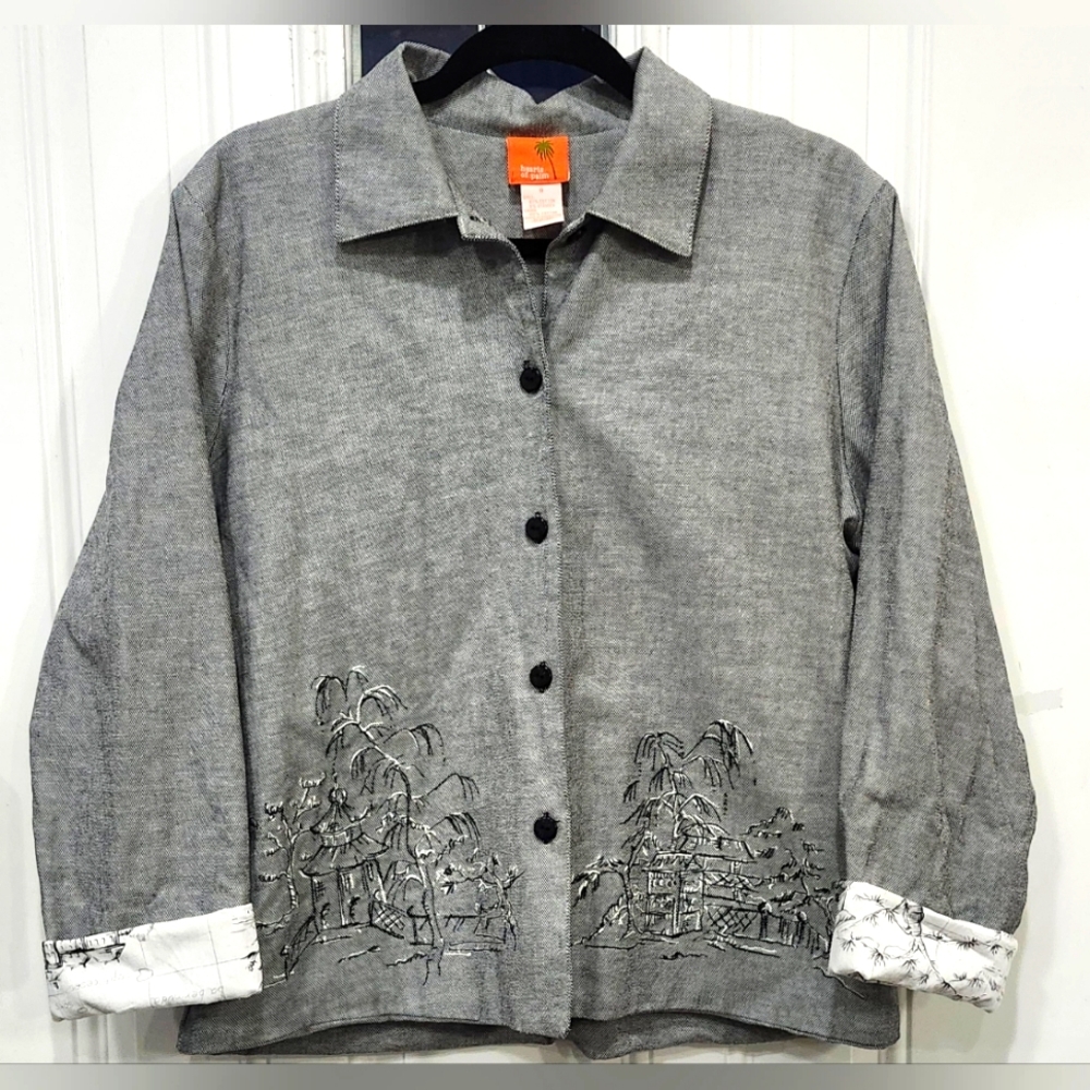 Hearts of Palm grey blazer Asian scenery stitching women's size 8